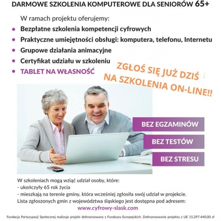 Plakat promujący akcję "Szkolenia on-line dla Seniorów. Śląska Akademia Seniora - szkolenia komputerowe dla Seniorów 65+"
