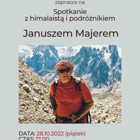 Grafika kolorowa. Plakat promujący spotkanie z Januszem Majerem. 